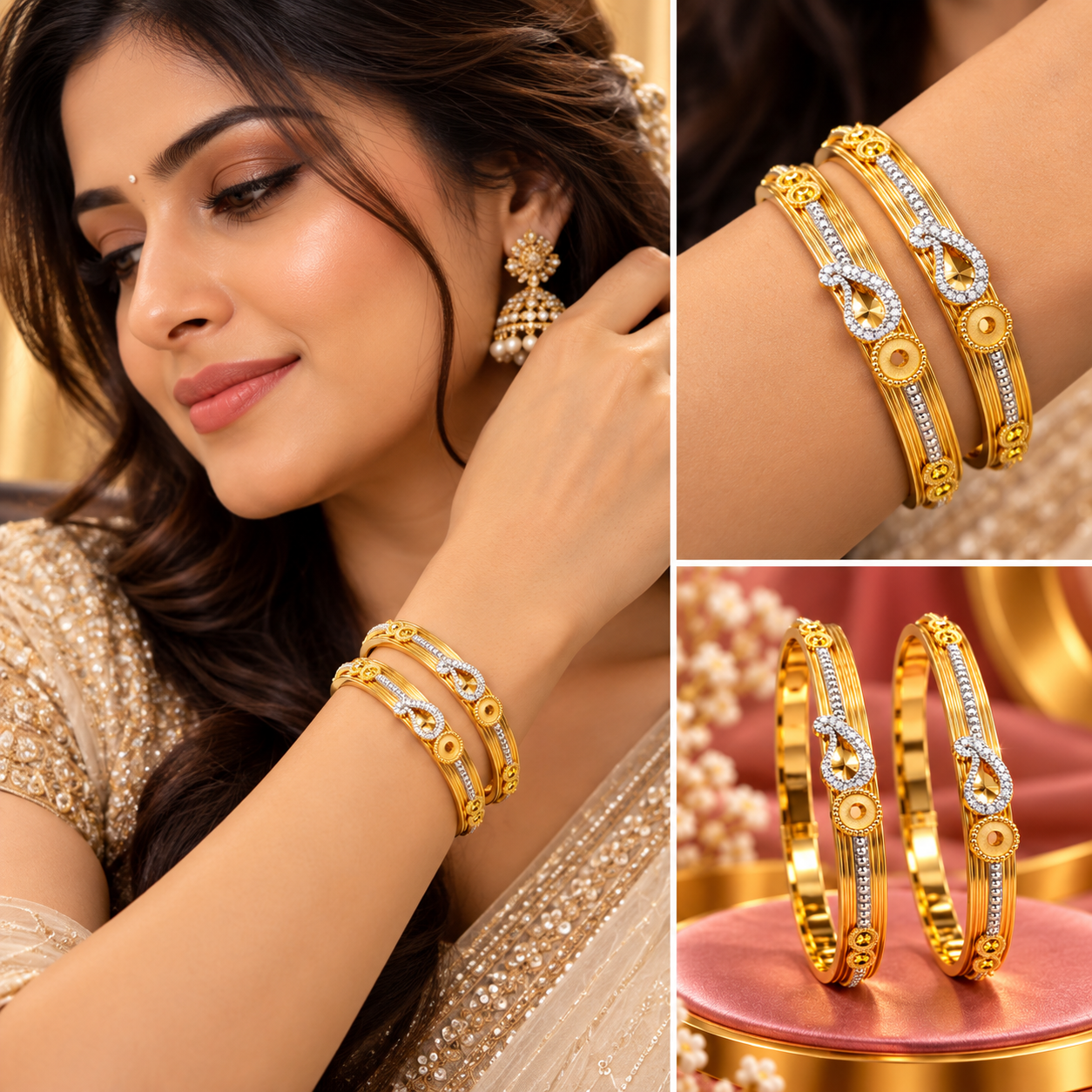 Traditional Paisley CZ Two-Tone Gold Bangle Pair